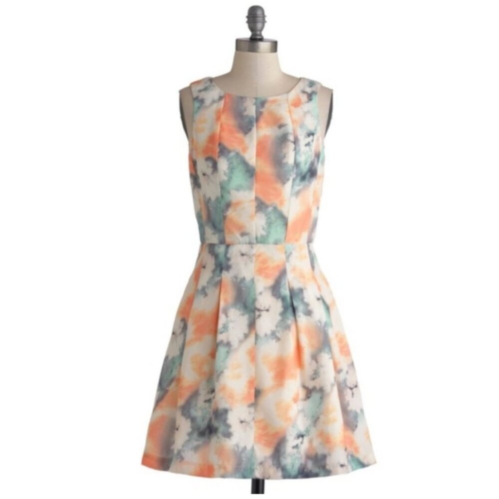 Womens Plus Size ModCloth Mint Grey Coral Watercolor A-Line Dress 4X Pre-Owned